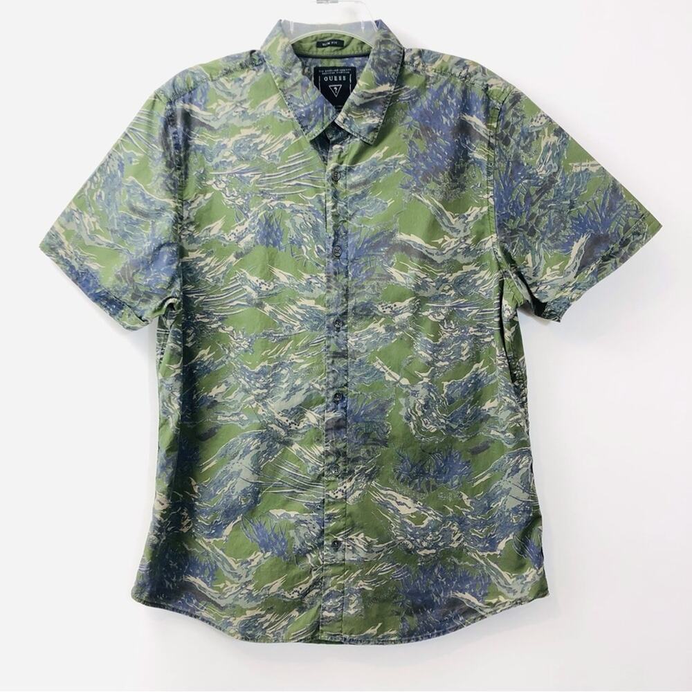 Men's Guess Green Blue Swirl Print Slim Fit Short Sleeve Shirt